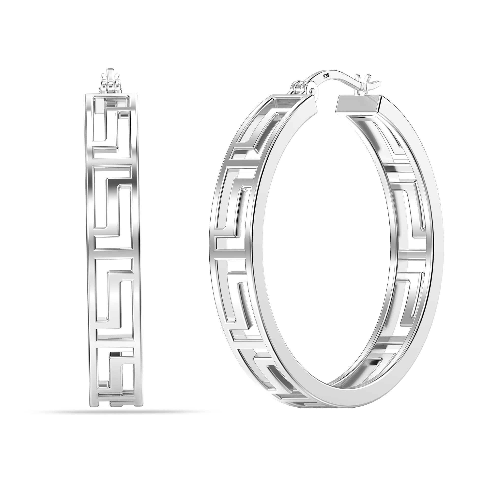 LeCalla 925 Sterling Silver Greek Key Pattern Hoop Earrings | Medium Lightweight Greek Wall Cut-Out Hoop Earrings for Women 30MM