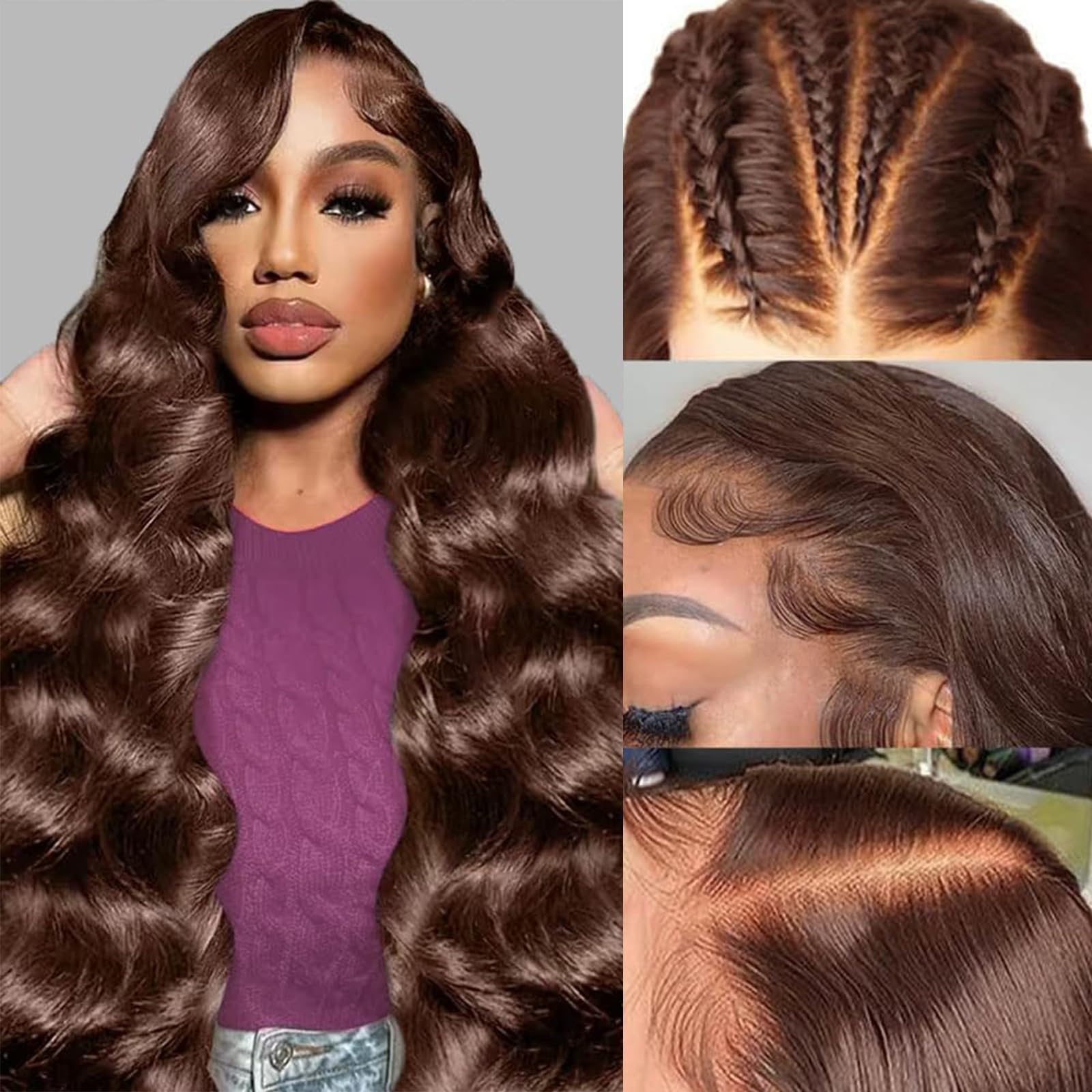 Chocolate Brown Human Hair Wig 13X4 Transparent Lace Front Wigs Pre Plucked Brown 200% Density Wig Human Hair Body Wave For Women 20 Inch