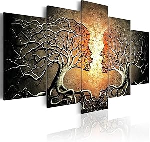 AWLXPHY Decor-Abstract Canvas Wall Art Silver and Black Set Lover Kiss Trees Painting Framed 5 Panels for Living Room Decor Retro Portrait Figures Prints Artwork Giclee(Silver, W40 x H20)