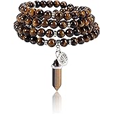 Jovivi 108 Mala Beads Bracelet 8mm Natural Amethyst Rose Quartz Healing Crystal Stone Mala Prayer Bead Necklace Hexagonal Prism Gemstone Reiki Pointed Pendant for Yoga Meditation Energy Balancing