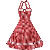 Women Halter Neck 50s 60s Vintage Polka Dot Cocktail Party Swing Dress Buttons Retro Pin Up 1950s Audrey Hepburn Rockabilly Prom Dress Knee Length A-Line Wedding Guest Evening Gown Red-Halterneck M