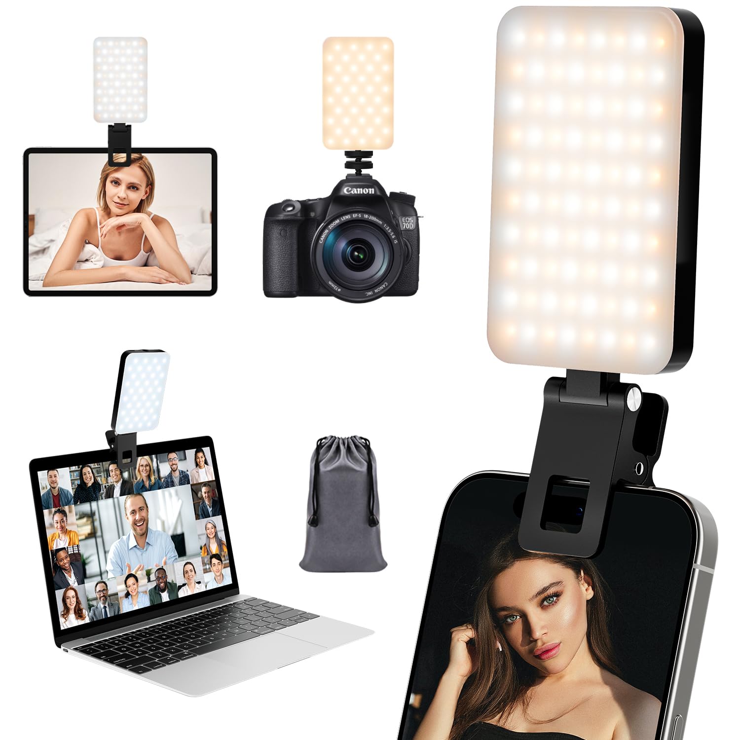 RealPlus Phone Light, Selfie Light for Phone Clip On 2000mAh with 80 LEDs & 5 Colors for Phone, Tablet, Laptop, Zoom Meeting, Makeup, Video (Dark Black)