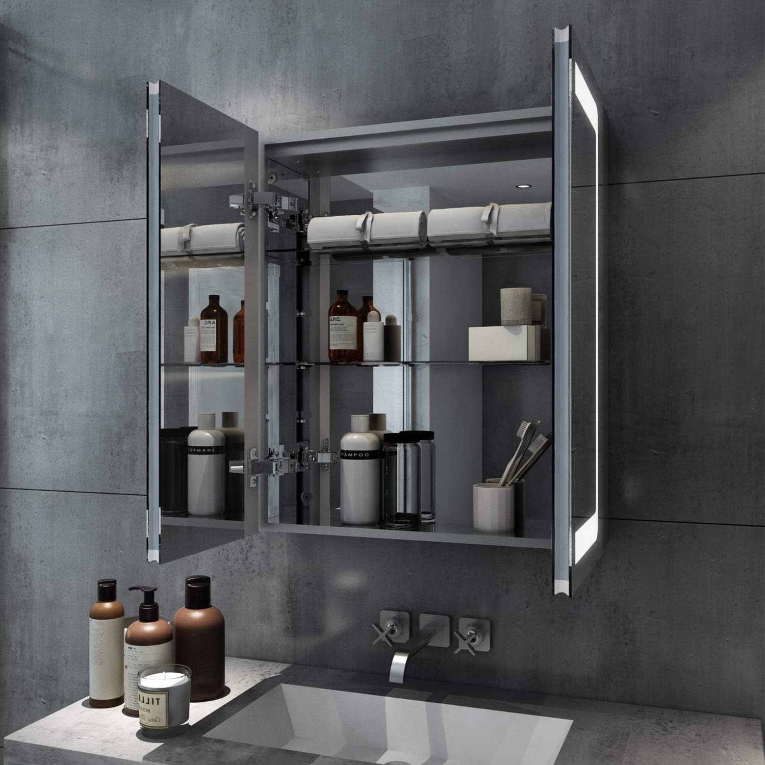 Armoires Avec Miroir Sirhona 45x 60cm Eclaire Led Cabinet Miroir Cabinet Cadre En Acier Inoxydable Cadre Mur Miroir De Stockage Avec Lumieres Cuisine Maison