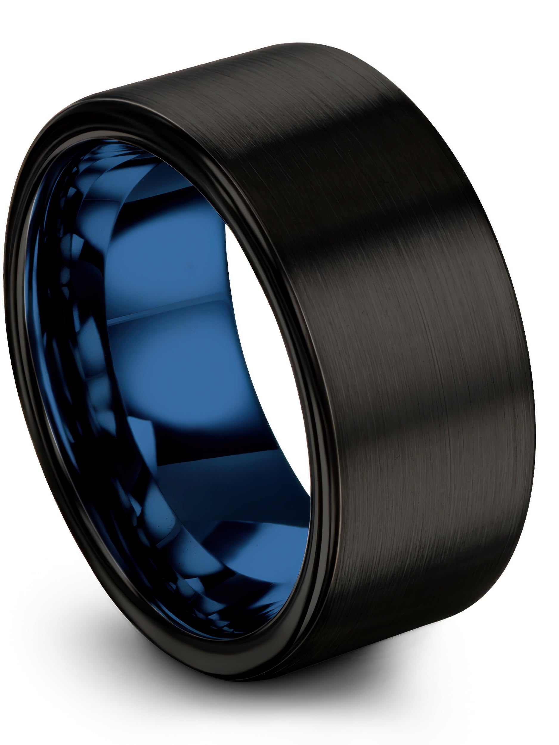 Anillo de boda de carburo de tungsteno de 0.394 in para hombres y mujeres, interior azul con exterior negro, corte plano, cepillado, pulido, ajuste cómodo, aniversario, grabado personalizado, tamaño 4,5