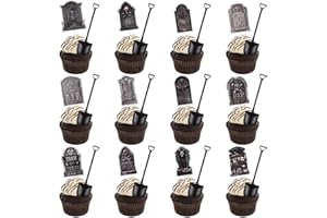 LOAVER 48 Pcs Halloween Cupcake Toppers Tombstones Graveyard with Novelty Mini Shovel Spoons for Birthday Party Supplies Halloween Cake Decoration