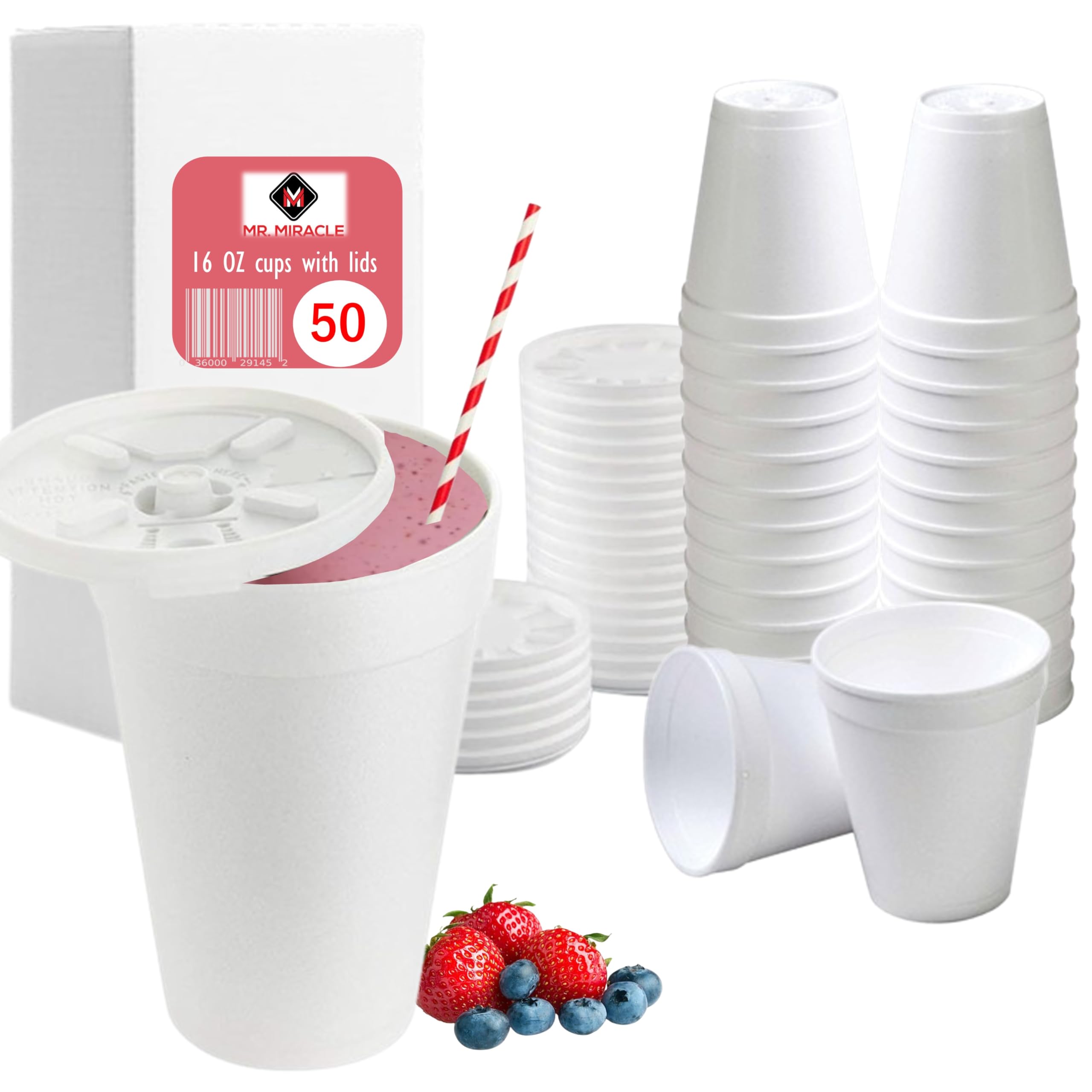 View 1 of 16 OZ Foam Cups With Lids for Hot & Cold Drinks, USA-Made 50-Pack.Ideal Styrofoam Coffee Cups, Insulating To-Go Cups for Soda, Tea, Juice - Sturdy, Disposable & comparable to Industry standard 16J16