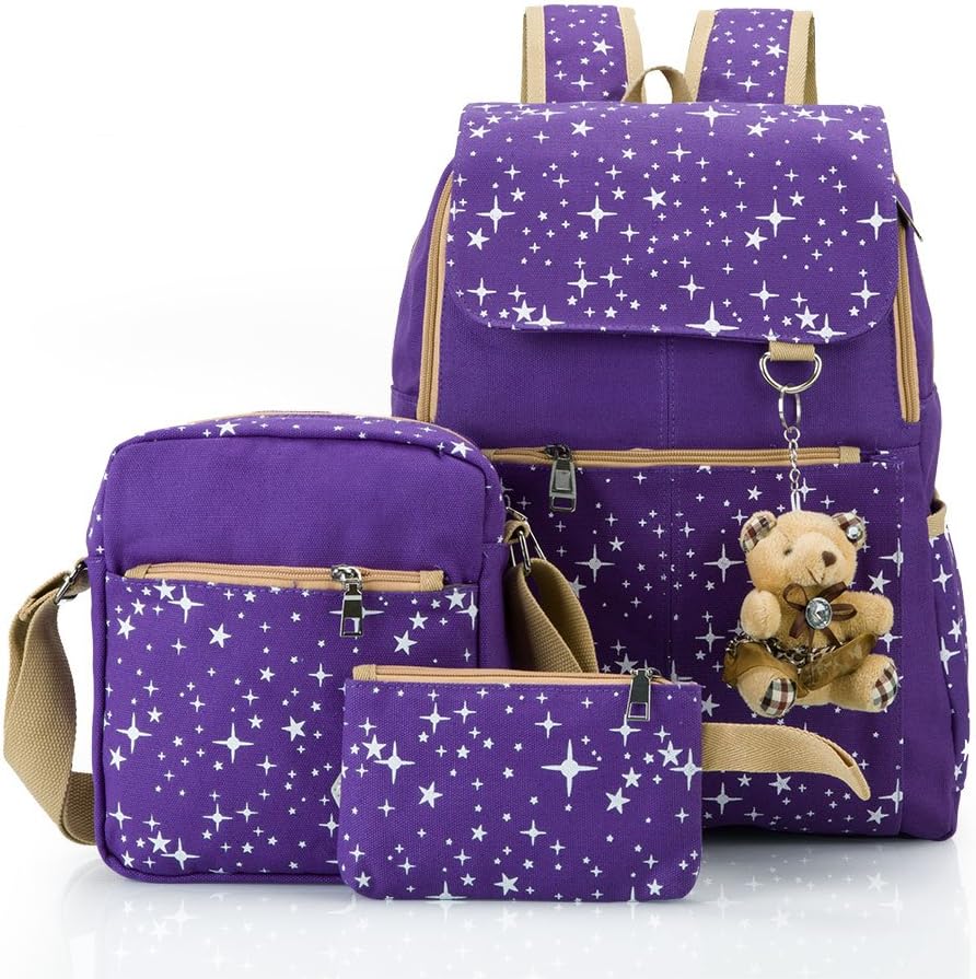 Hotrose 3x Girl School BagsTravel Canvas Rucksack Backpack School Shoulder Bag Crossbody Messenger Bag, Purple Bear,