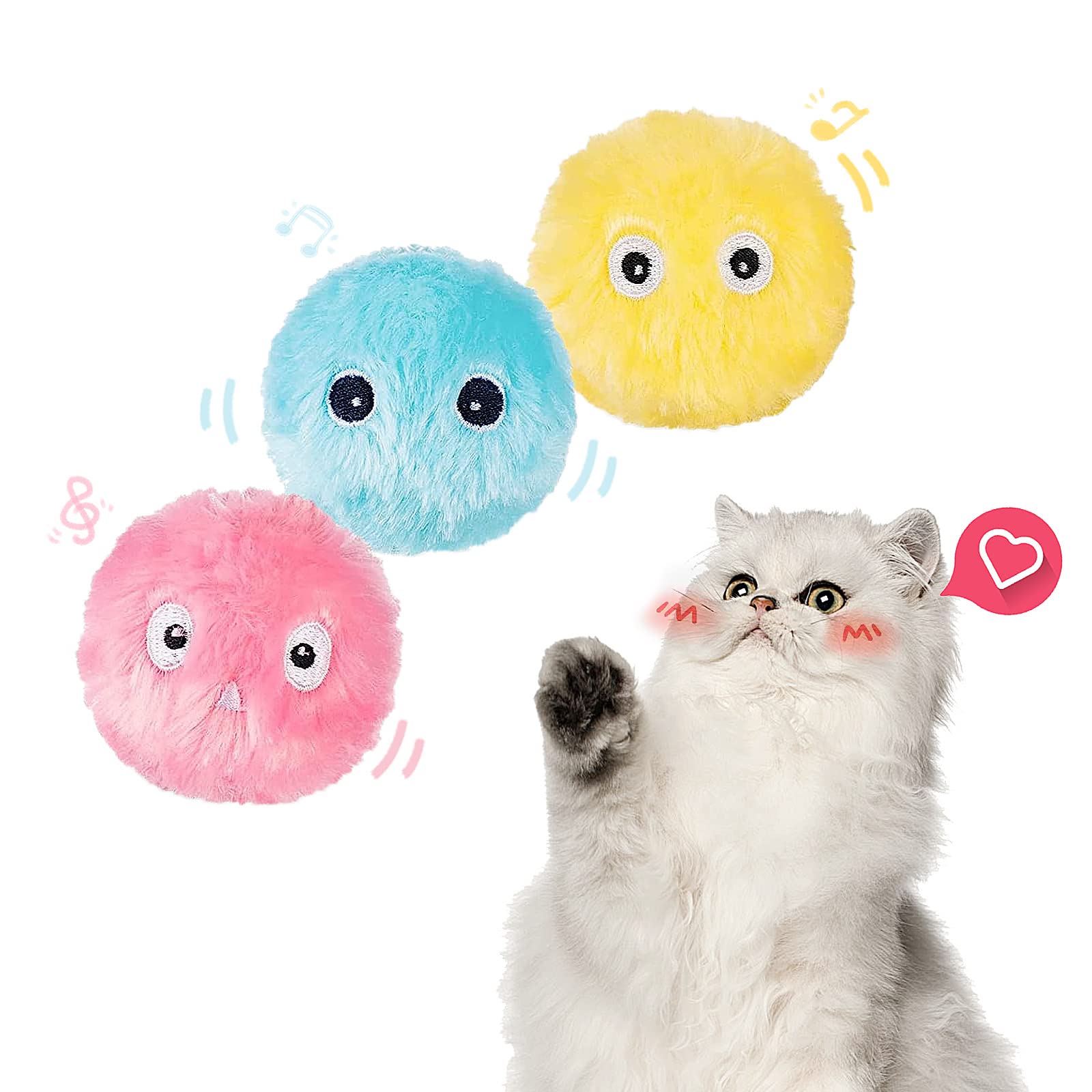 Namsan Cat Ball Interactive Cat Toy with Chirping Pack of 3 Plush Cat Play Ball for Cats, Blue + pink + yellow