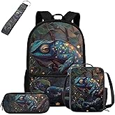 Cozeyat Chameleon Elementary School Backpack for Boys 4pcs Boys Bookbag 10-12 Years Old 17 Inch Large Capacity School Supply Bag Travel Book Bag Casual Daypack Rucksack