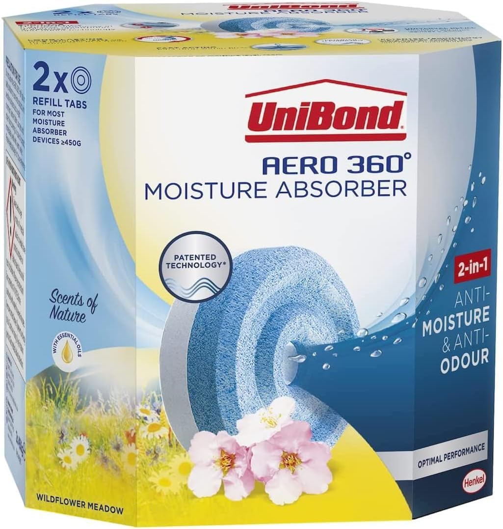UniBond AERO 360° Moisture Absorber Wildflower Meadow Refill Tab, Aromatherapy, Ultra-Absorbent and Odour-Neutralising, for AERO 360° Dehumidifier, Condensation Absorbers, Twin Pack (2 x 450g)