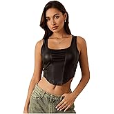 Floerns Women's Square Neck Asymmetrical Hem Sleeveless Shirts PU Leather Club Tank Top