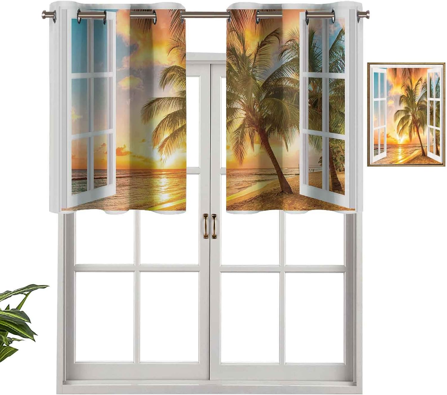 Hiiiman Panel de cortina de bloqueo UV con cenefa, océano, palmera