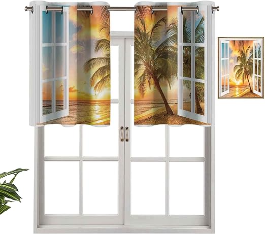 Hiiiman Panel de cortina de bloqueo UV con cenefa, océano, palmera