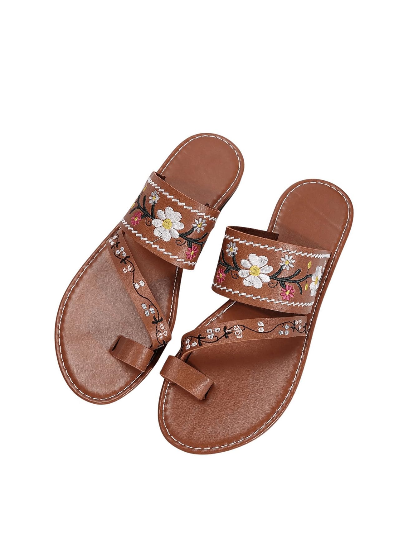 Photo 1 of Verdusa Women's Embroidered Open Toe Slip On Flip Flop Sandals Summer Flat Sandals Brown 7.5
