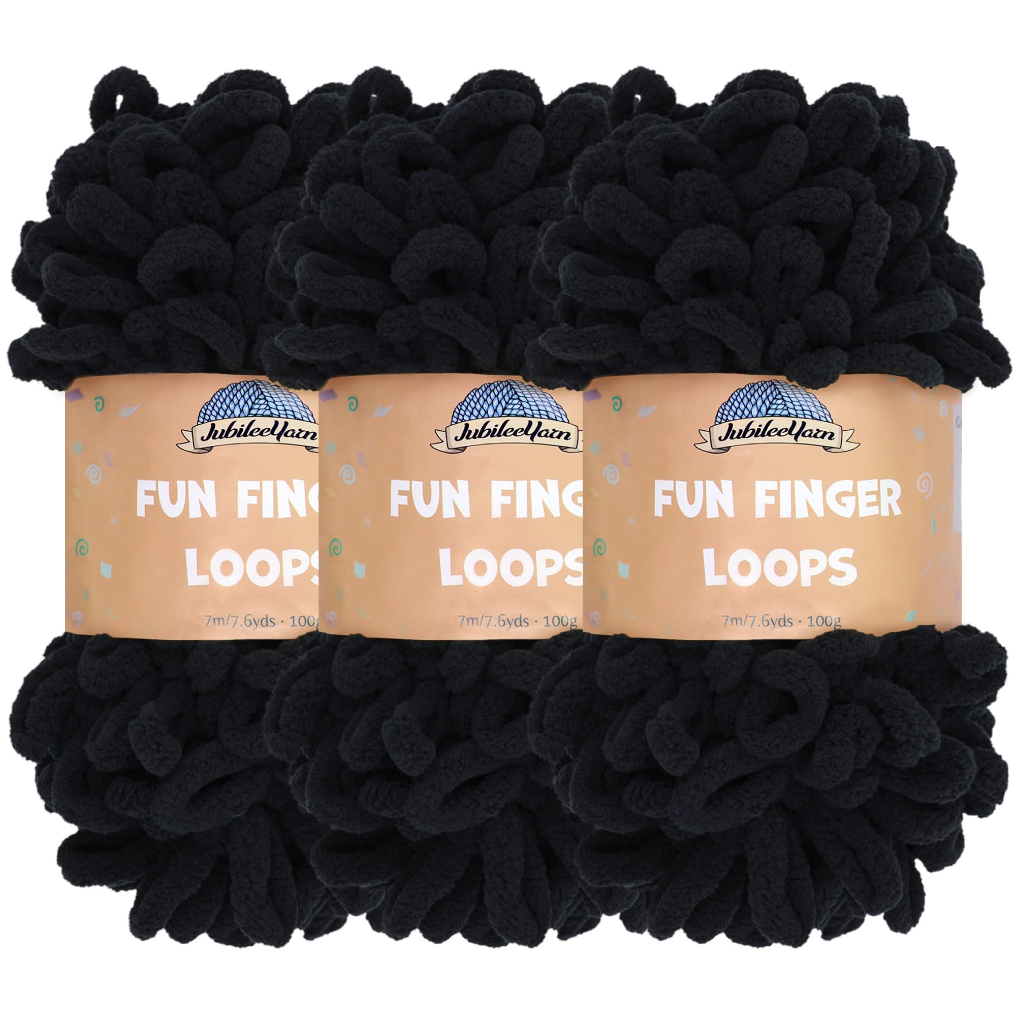 JubileeYarn Fun Finger Loops Yarn - Polyester Jumbo Weight Loop Yarn - 100g/Skein - Black - 3 Skeins