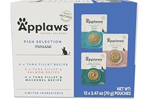 Applaws Natural Wet Cat Food in Mousse, Limited and Natural Ingredients, Grain-Free, High Protein with No Artificial Additives, Fish Variety Pack (12 x 2.47oz Pouches)