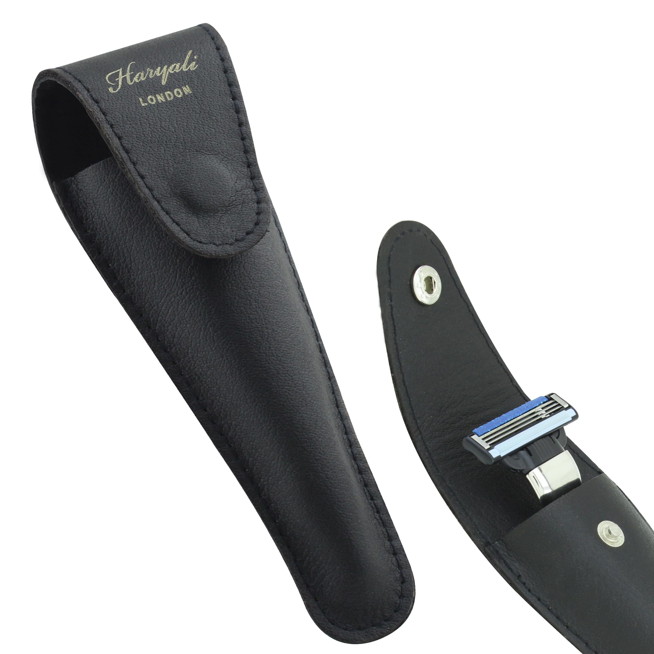 Haryali London Leather Case Razor Protective Travel Case for Safety Razors, Shaving Razor Pouch Travel Case-Pure Black
