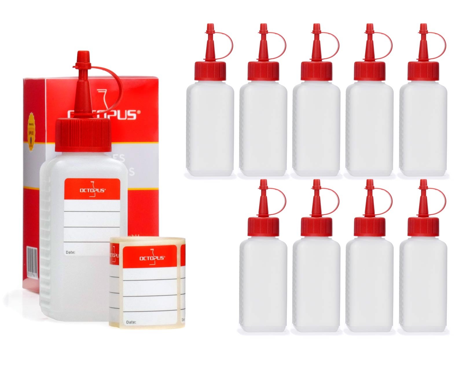Octopus 10x 100 ml plastic bottles made of HDPE with red squirt/dropper/drip caps, e.g. for e-liquids/e-cigarettes, chemical-resistant, incl. labels