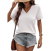 Dokotoo Women's Casual V Neck Short Sleeve Waffle Knit Lace Patchwork Shirts Summer Loose Basic Tunic Tops Tee Blouses
