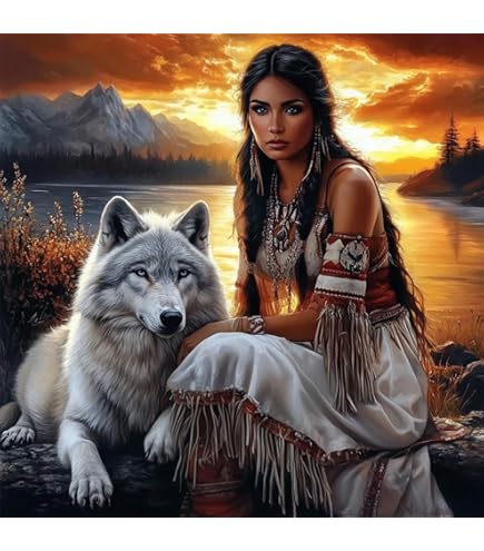 5D Diamond Painting Kit - Native Indian Woman & Wolf 11.8x15.8in Full Drill Art