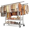 HOKEEPER Heavy Duty Clothing Clothes Rack for Hanging Clothes Adjustable Rolling Garment Rack with Wheels for Bedroom, Living Room (Double Rod with Metal Basket)