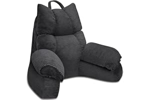 RRPAHWTV Reading Pillow for Bed with High Arm Rests ,Back Support Pillow for Sitting Up in Bed with Shredded Memory Foam for Reading, TV, Gaming or Relaxing on Floor（Grey Black, Large）