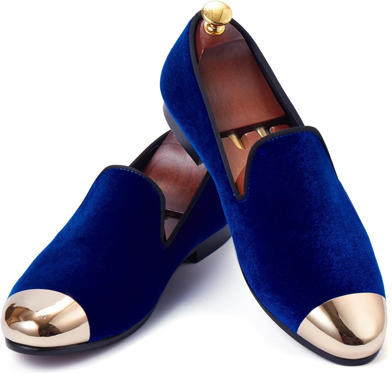 Classic Men Wedding Shoes Handmade Velvet Loafers with Gold Cap Toe