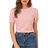 Allegra K Puff Sleeve Gingham Top for Women's Crew Neck Cute Peasant Fitted Checkered Plaid Shirt