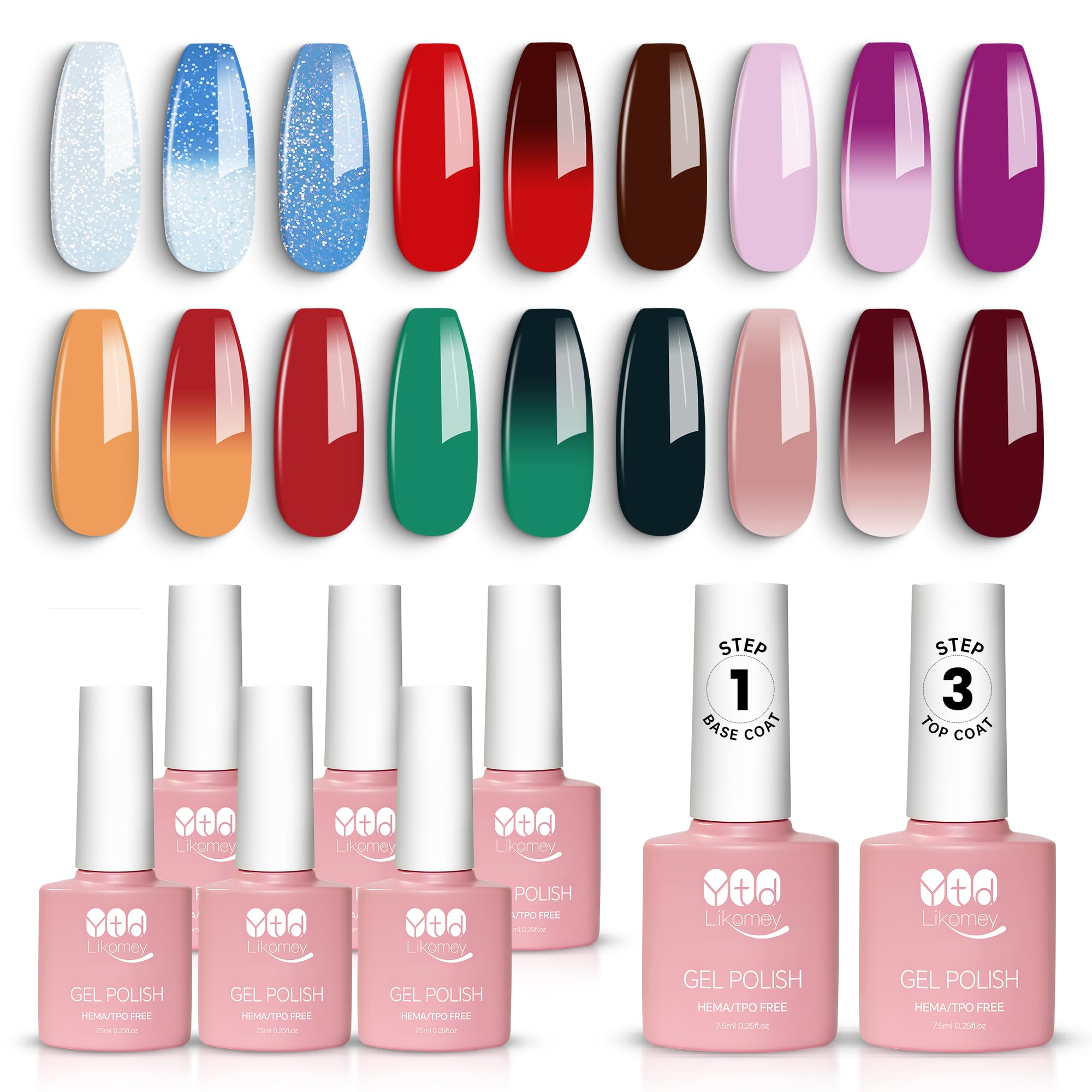 YTD Likomey Color Changing Gel Polish Set,6 Colors with Base and Top Coat Kit,Mood Temperature Change Colors Red Green Yellow Blue Ombre Thermal Manicure UV Gel Gift,8 Pcs 7.5 ml