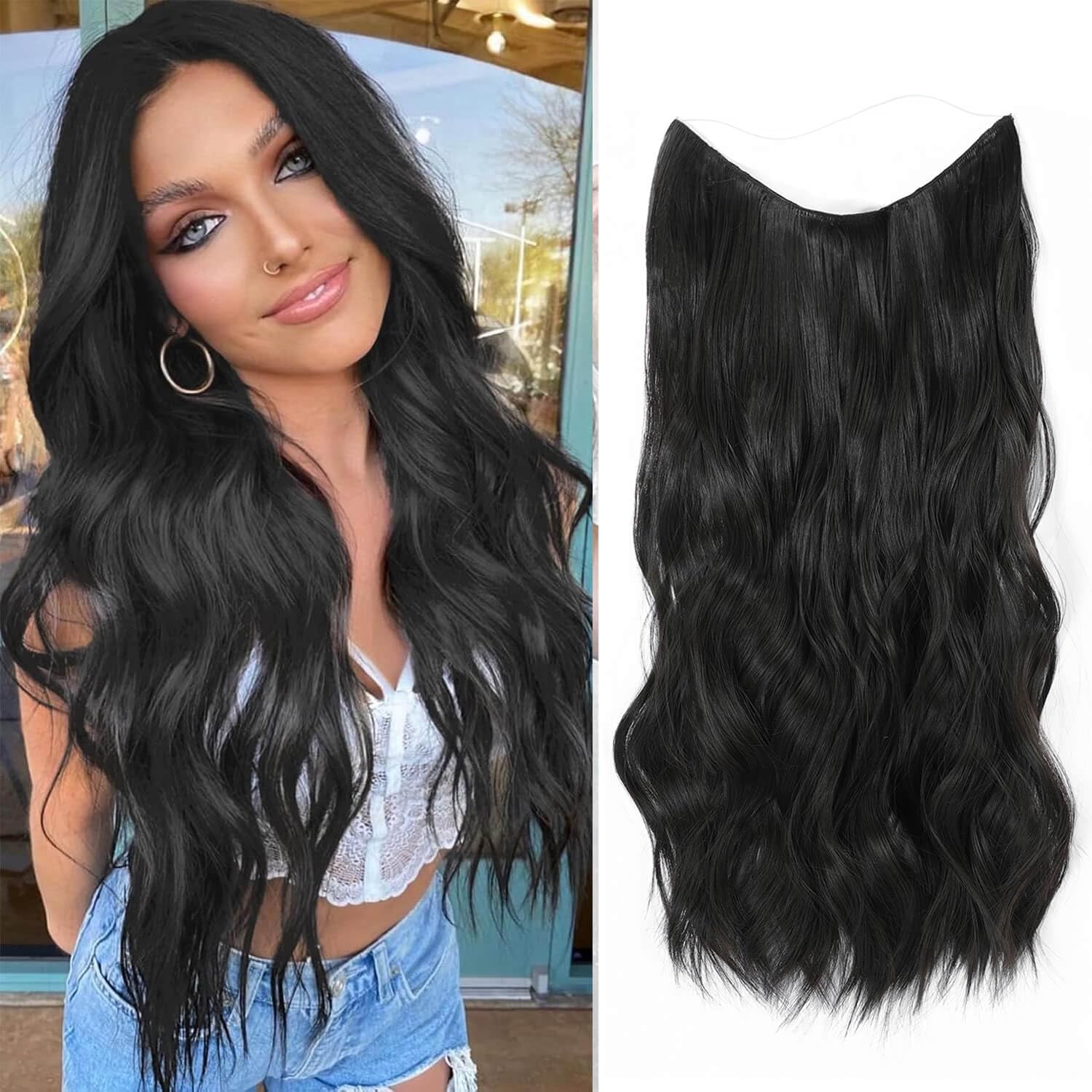 Ms TAj Dark Brown Halo Hair Extensions 20 inch Hair Extension clip in Invisible WireSynthetic Hairpiece for Women Natural Wavy Hair Extensions — image 1