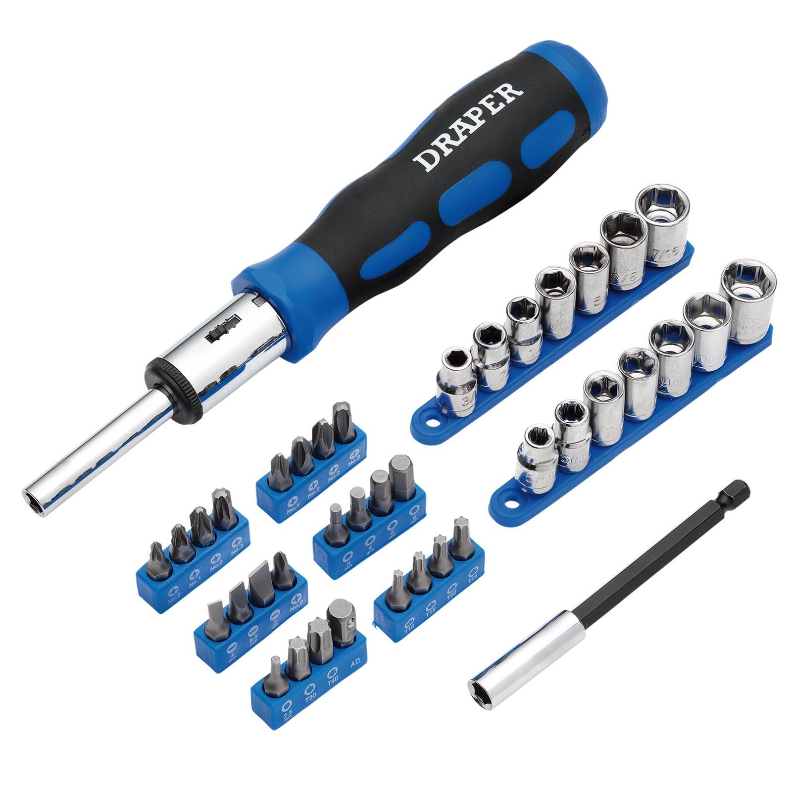 Draper 21010 Ratchet Screwdriver Socket and Bit Set, 1/4" Sq. Dr. (40 Piece)