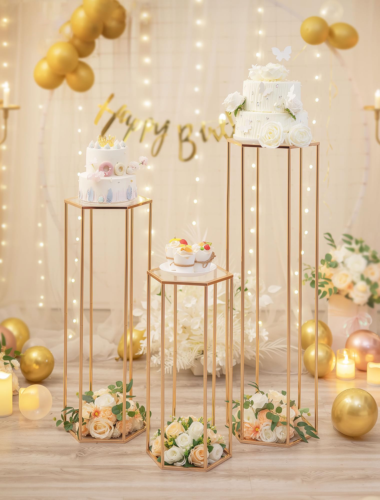 Photo 1 of Inweder Cylinder Pedestal Stands for Party: 3 PCS Cake Table Stand in 23.6/31.5/39.4 INCH Height Cilindros Para Fiestas for Birthday Wedding Celebration