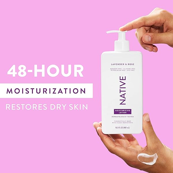 NATIVE BODY LOTION, LAVENDER & ROSE, 48-HOUR HYDRATION FOR DRY & SENSITIVE SKIN, MADE WITH PLANT-BASED MOISTURIZERS LIKE SHEA BUTTER, SILICONE & PARABEN FREE, 16.5 FL OZ