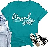 CQF Christian Shirt for Women Blessed Letter Print Bible Verse T-Shirt Retro Faith Short Sleeve