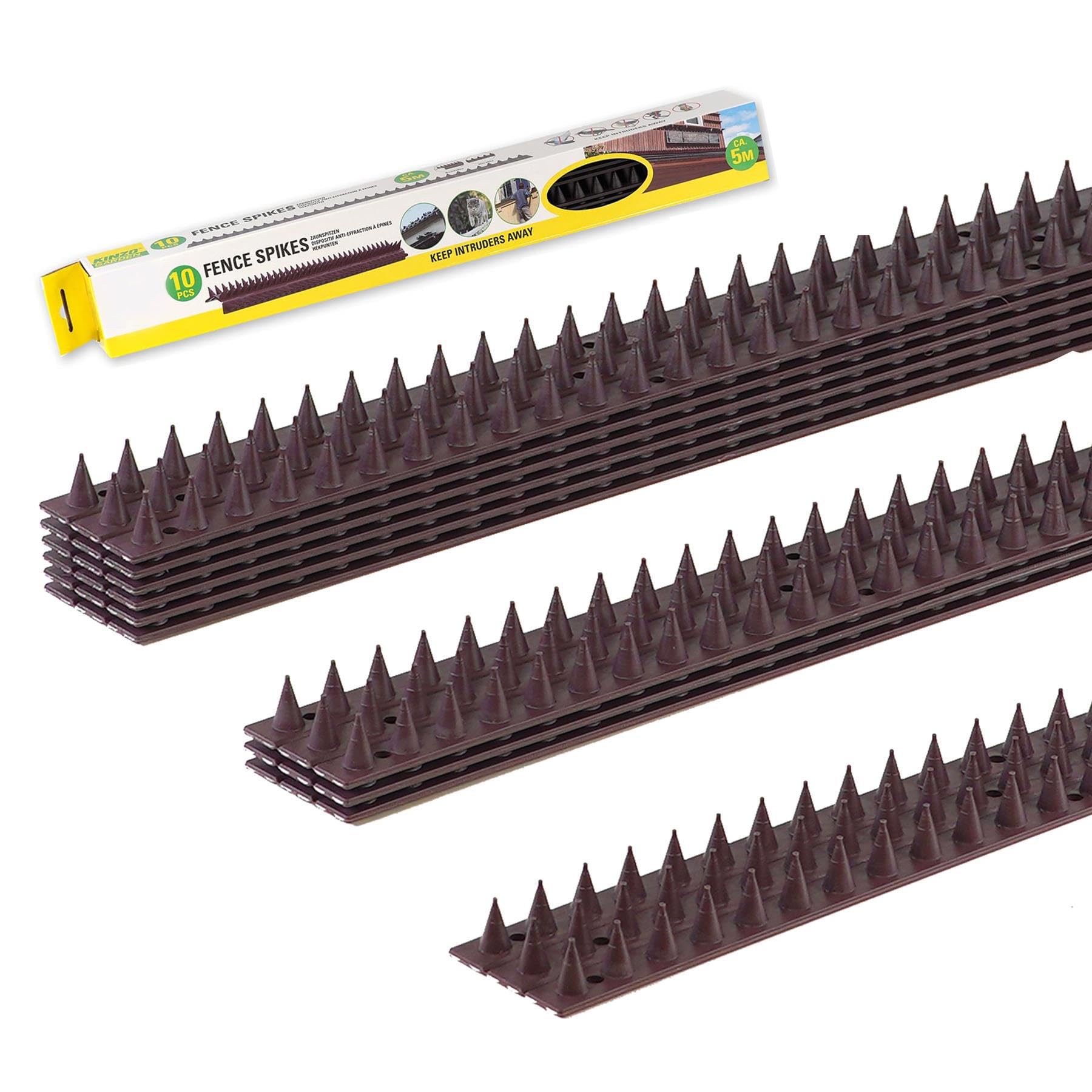 GEEZY Anti Climb Wall & Fence Spikes, 10 Pcs x 50cm – 5m Brown Weatherproof Plastic Bird Spikes Strips, Fence Toppers to Stop Cats & Pigeon Deterrent, Cut to Size, Easy Fit with Screws or Tape
