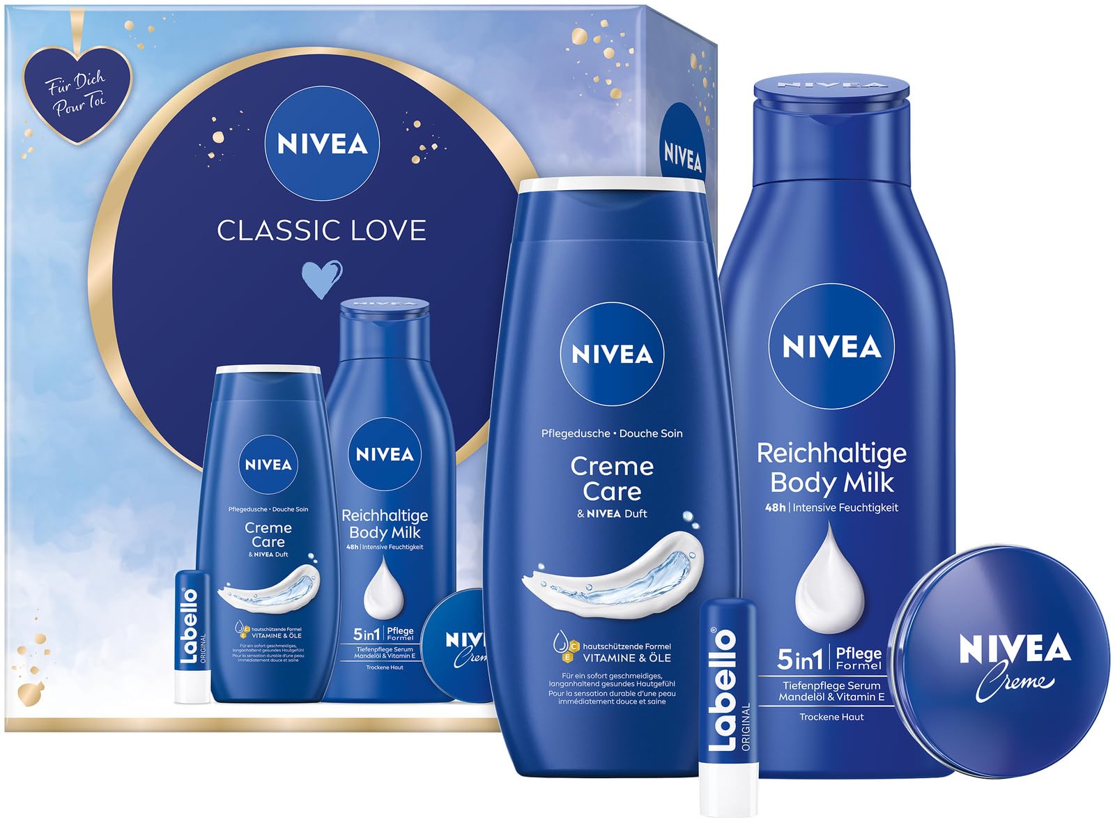 NIVEA Classic Love Gift Set, Care Set with Moisturising Care Products, Gift Box with Shower Nourisher, Labello, Body Milk and NIVEA Cream