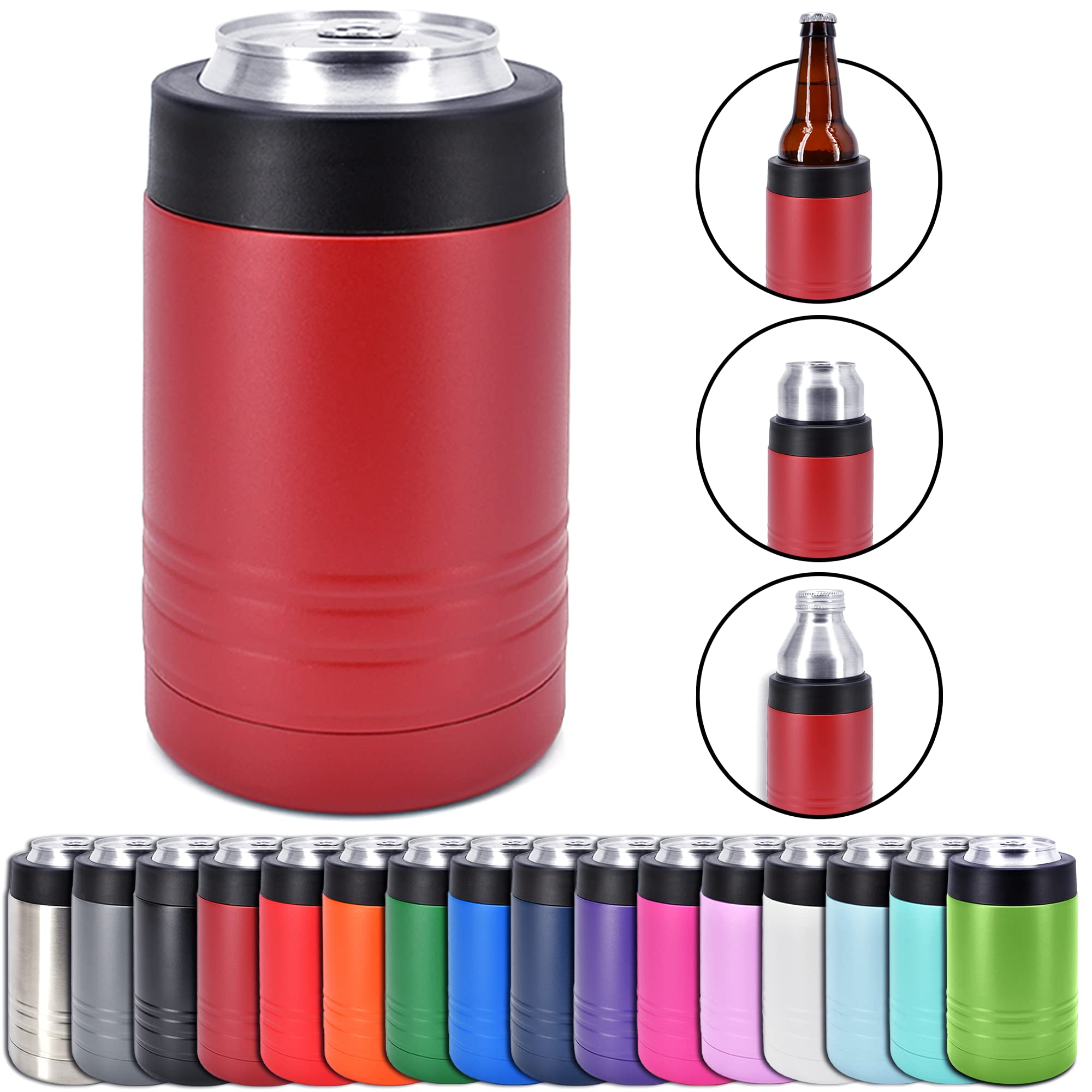 4-in-1 Stainless Steel 12 oz Double Wall Vacuum Insulated Can or Bottle Cooler Keeps Beverage Cold for Hours - Also Fits 16 oz Cans - Powder Coated Maroon - Clear Water Home Goods