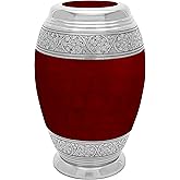 CLEENTABLE Handcrafted Metal Cremation Urn for Adults - Elegant, Durable Funeral & Memorial Urn for Ashes, Decorative Urn with Secure Threaded Lid, Spacious, Timeless Design 10.5" (Red & Silver)