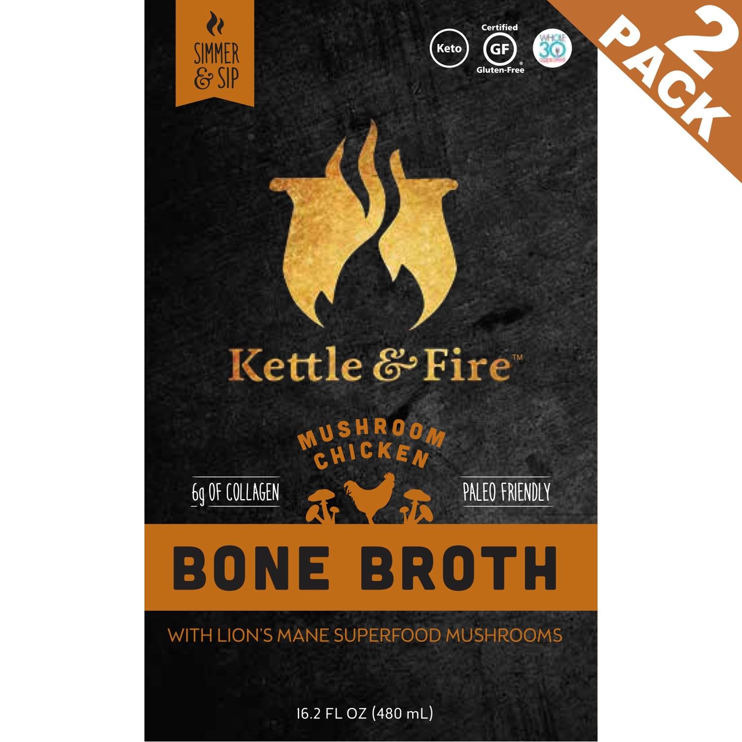 Mushroom Chicken Bone Broth - Collagen & Gelatin Rich Bonebroth for Ketogenic Diet or Paleo Snack w Lion’s Mane & 10g Protein. Gluten Free. Keto. Gut & Digestive Friendly Nutrition from Ancient Source