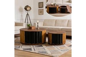 JHKZUDG Fluted Round Nesting Coffee Table Set of 2 Handcraft Drum Coffee Table with Storage Sofa Tables Both Mid Century Mode