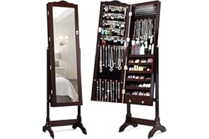 Giantex Jewelry Armoire Organizer with Full Length Mirror, 14 LEDs Floor Standing Jewelry Cabinet with 2 Drawers, 4 Adjustable Angles, Lockable Jewelry Storage Box Cabinet (Brown)