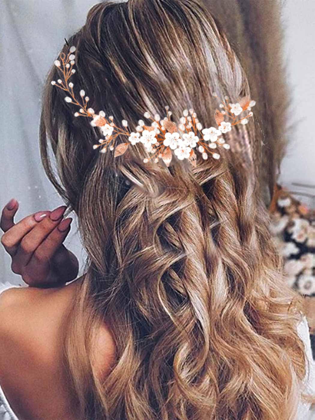 Vakkery Flower Bride Wedding Hair Vine Pearl Hair Accessories Bridal Headband Headpiece for Women and Girls (Rose Gold)