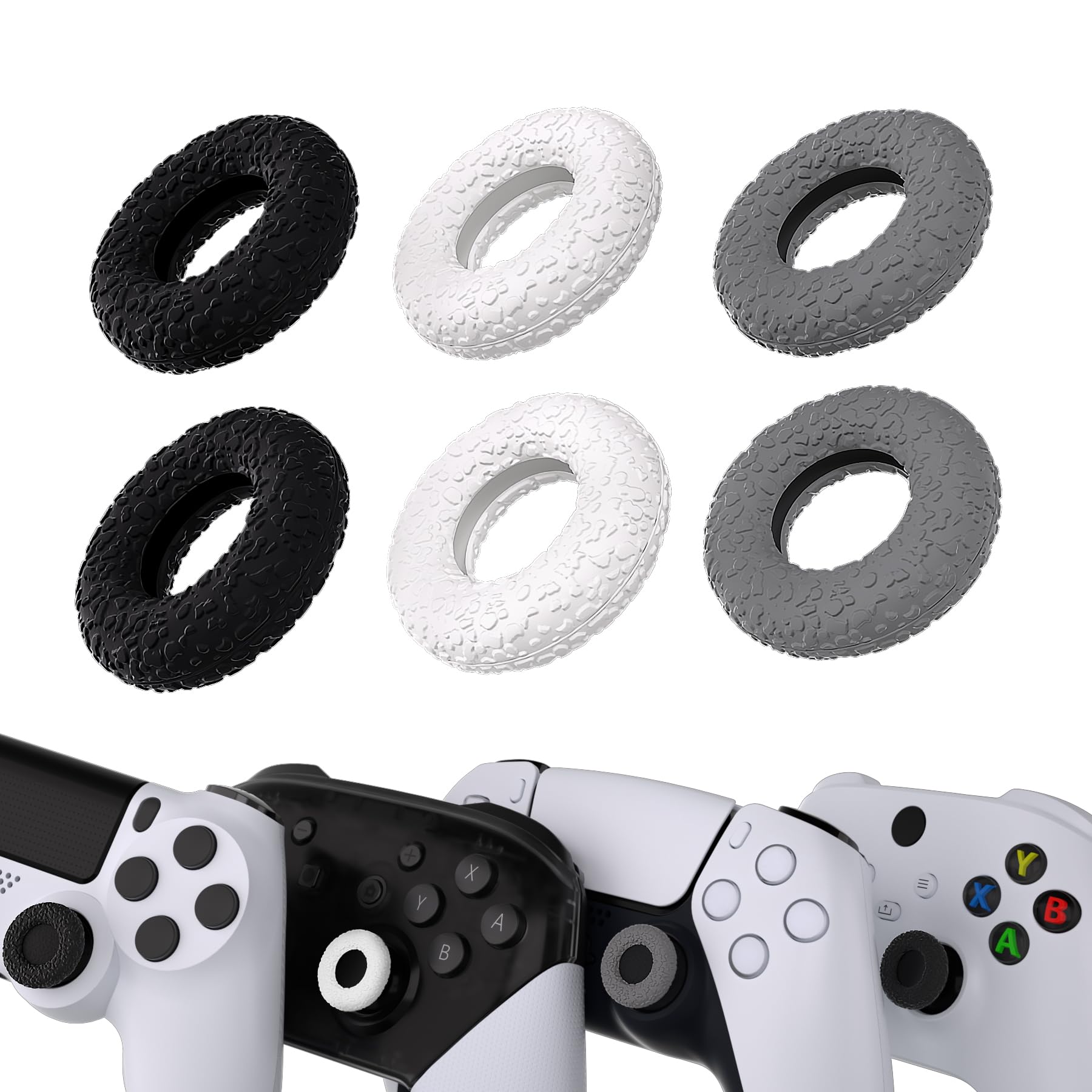PlayVital Upgraded Silicone Precision Rings, Aim Assist Motion Control for ps5, ps4, Edge, Xbox Series X/S, Xbox One, Switch Pro Controller - Durable Anti-Slip Donut Thumbstick Rings, Gray/Black/White