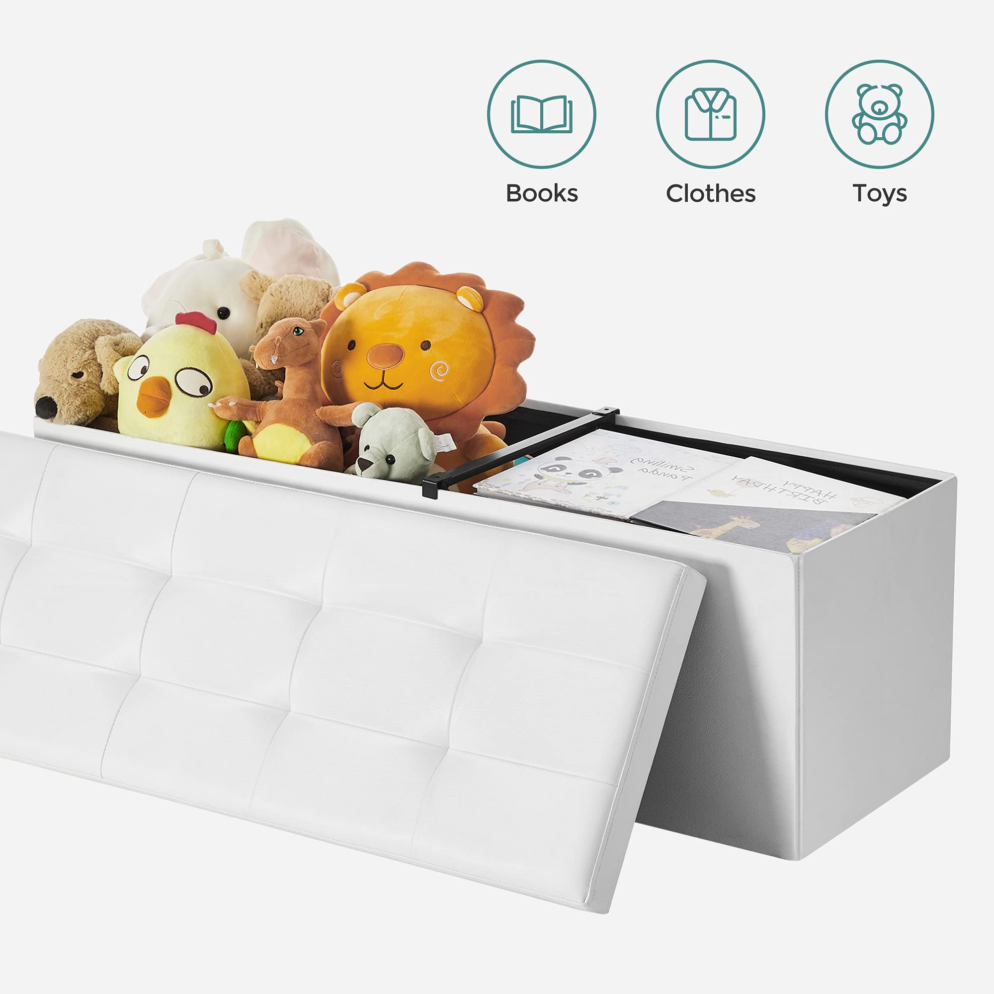 SONGMICS 43 Inches Folding Storage Ottoman Bench with Flipping Lid, Storage Chest Footrest Padded Seat with Iron Frame Support, White ULSF75WT