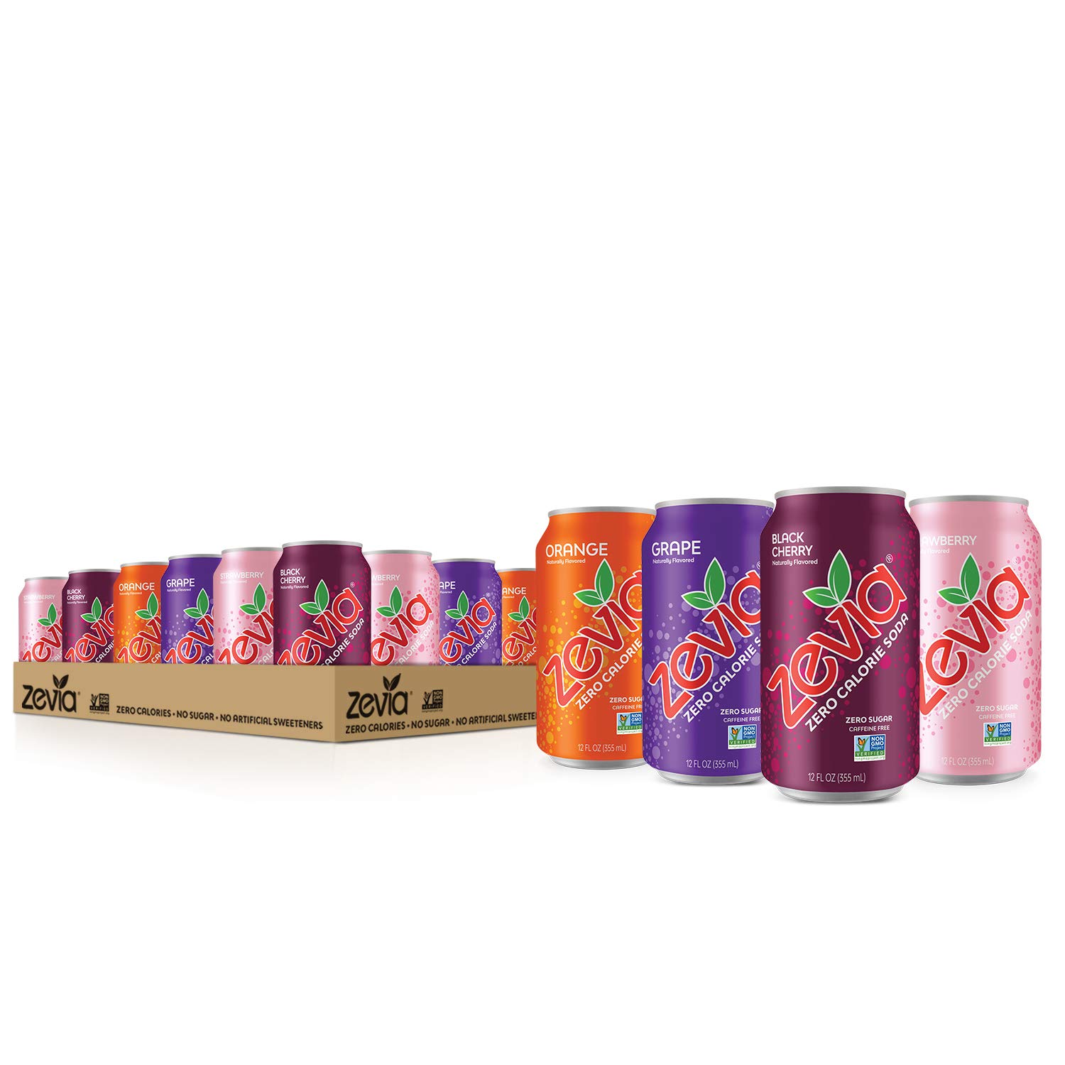 Zevia Zero Calorie Soda, Fruity Variety Pack, Naturally Sweetened Soda, (24) 12 Ounce Cans; Strawberry, Orange, Black Cherry, and Grape-flavored Carbonated Soda; Full of Fruity Flavor with No Sugar