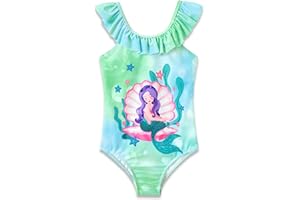 Dvenki Girls One Piece Swimsuit - Adjustable Strap, Checked Face & Mermaid Print Toddler Ruffle Bathing Suit Size 2T-10