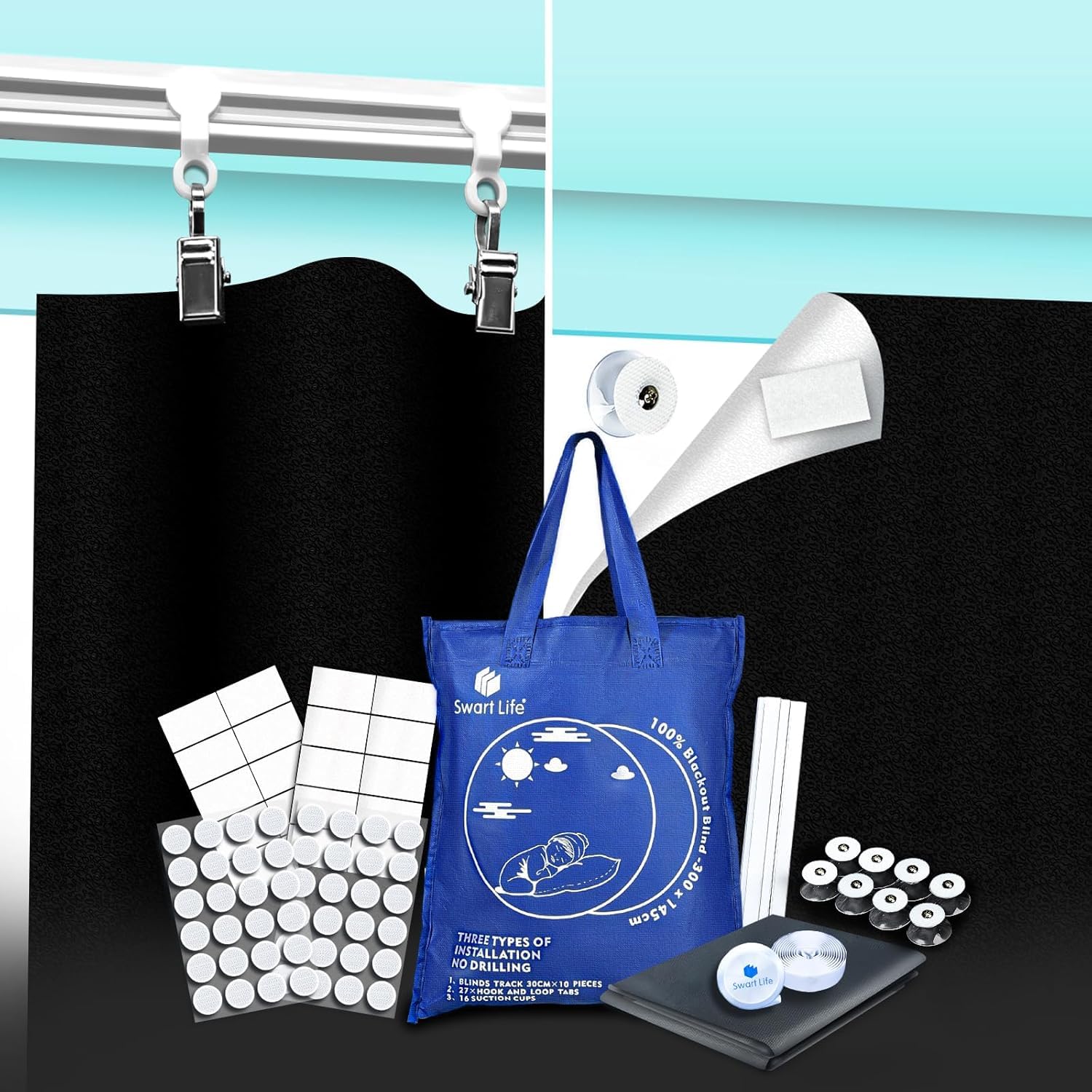 SwartLife Portable Blackout Blind with 3M No Drill Track, 300x145cm Temporary Blackout Blinds Stick On for Windows Fits Any Size Shape, 16x Suction Cups 27X Hook& Loop Tabs — image 1