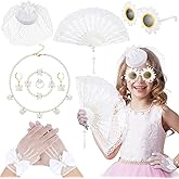 Jenaai 8 Pcs Girls Tea Party Fascinators Gloves Hats Necklace Fans Tea Party Gloves Hats for Girls Costume Accessories