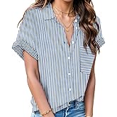 Zeagoo Linen Shirts for Women Cotton Short Sleeve V Neck Collared Button Down Blouses Tops S-3XL