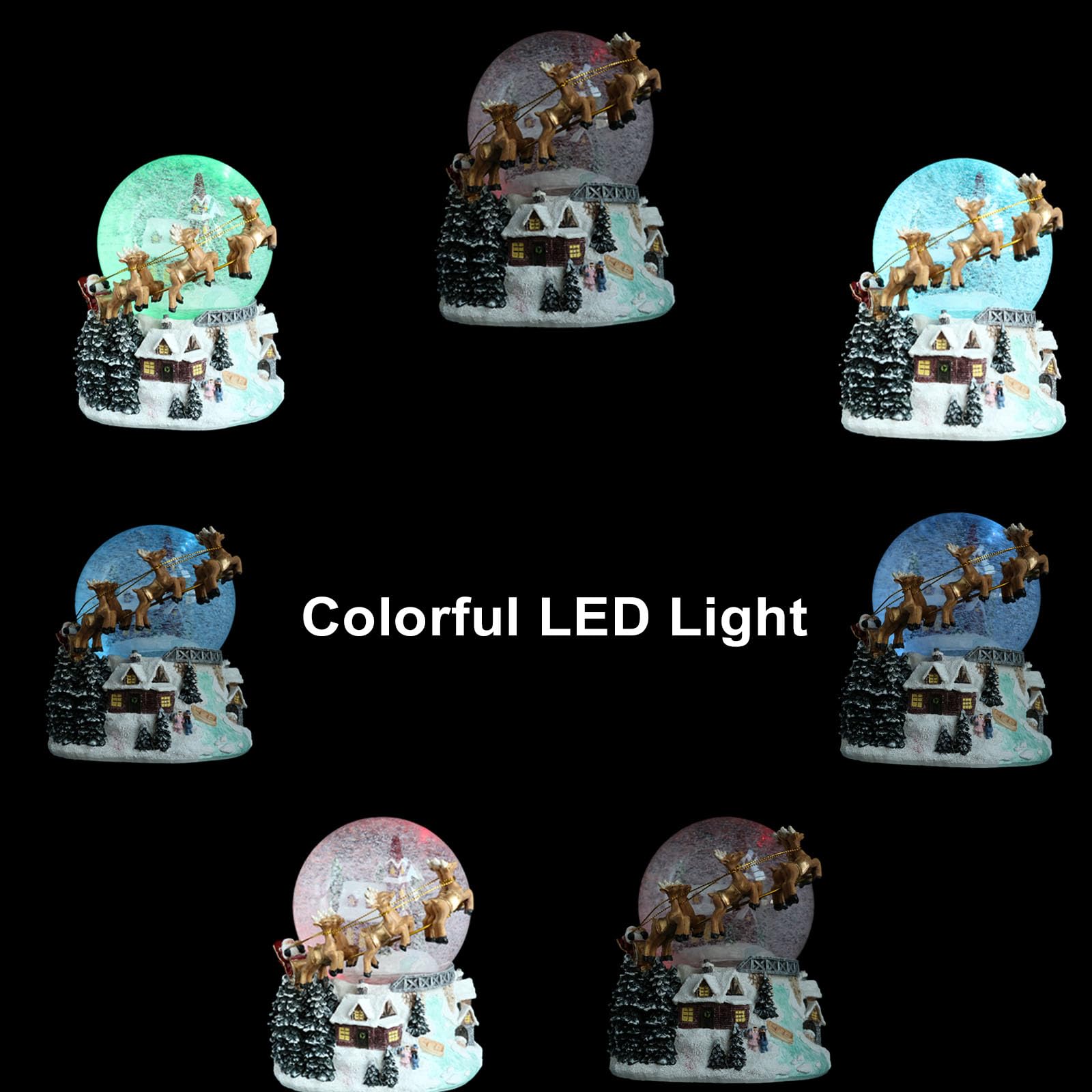 Aobaks Christmas Snow Globe with Led Light and Musical Holiday Decoration Gift, 7 Inch Height Santa Sleigh Reindeer Resin Snow Globe, Christmas Holiday Indoor Decor.